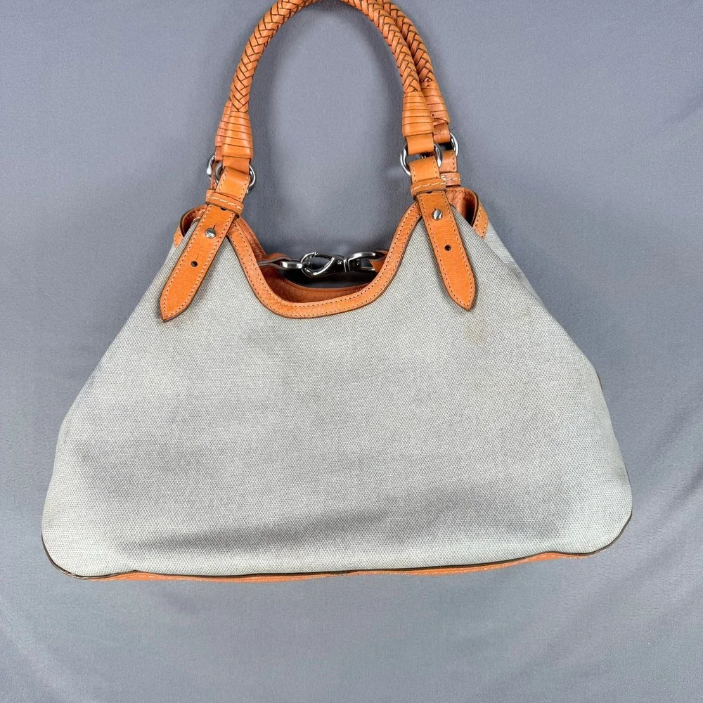 Cole Haan Genevieve Hobo Bag Canvas‎ Leather Orange Tan Large Braided Silver HW
